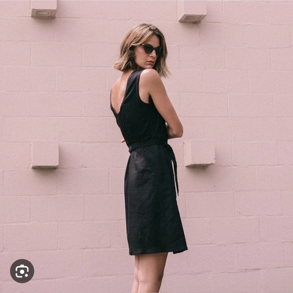 Aday Wind Down Wrap Dress Medium Black Linen Blend Pockets Belted - Picture 1 of 16